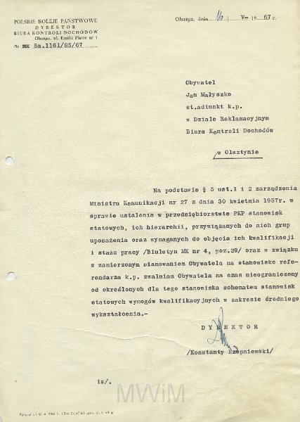 KKE 5617.jpg - Dok. Pismo z Polskich Kolei Państwowych w Olsztynie dla Jana Małyszko dotyczące zmiany uposażenia zasadniczego, Olsztyn, 16 V 1967 r.